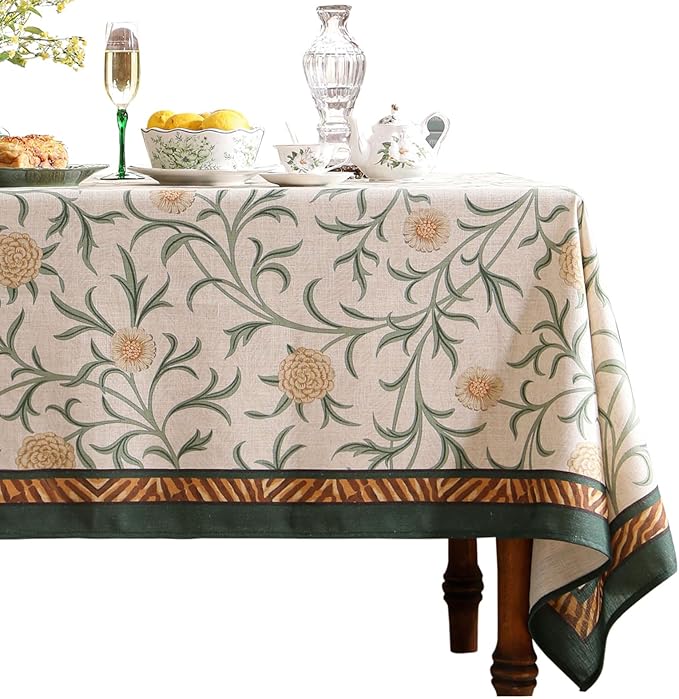 patdrea Designer French Linen Table Cloth for Rectangle Table,Vintage Fall Decorative Tablecloth,Floral Decoration Cover for Kitchen Dining Christmas,Tea Party,Thanksgiving,63"x94"-Littledaisy