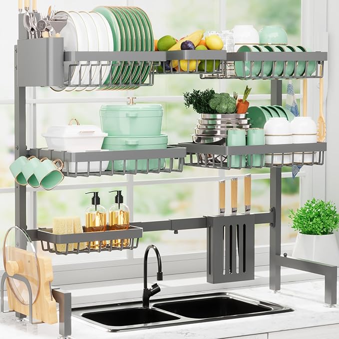 Dish Drying Rack - Over The Sink Dish Drainer Drying Rack with Utensil & Knife Holder, Hooks, Stainless Steel Kitchen Organizers and Storage Solution, 11.8" D x 31.5"~39.0''W x 30" H, Gray