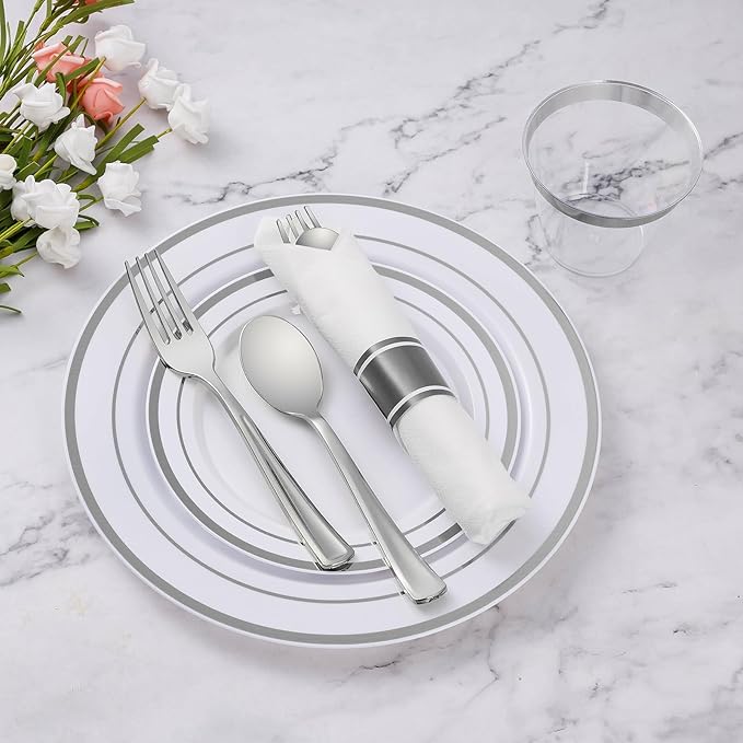 Goodluck 175 Piece Silver Plastic Dinnerware Set for 25 Guests, Fancy Disposable Plates for Party, Include: 25 Dinner Plates, 25 Dessert Plates, 25 Pre Rolled Napkins with Silver Silverware, 25 Cups