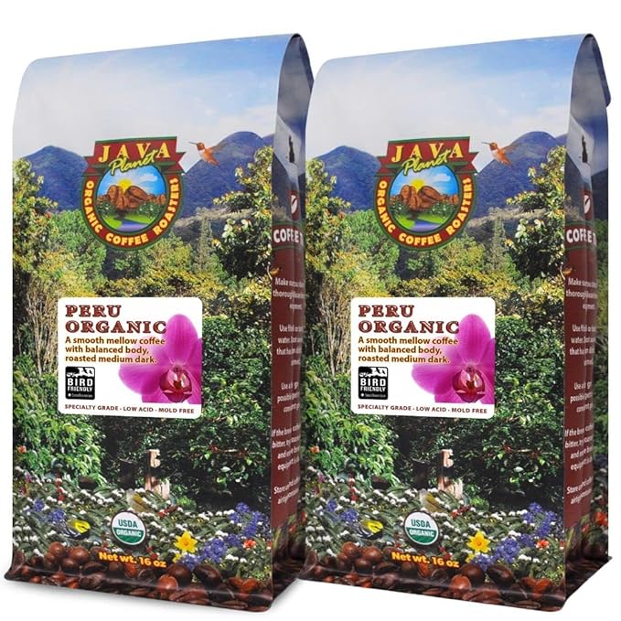 Low Acid Organic Coffee – Whole Bean, Mold-Free & Stomach Friendly by Java Planet, Peruvian Single Origin Coffee, Medium Dark Roast, Smooth Full Flavored, 2x1LB Bag