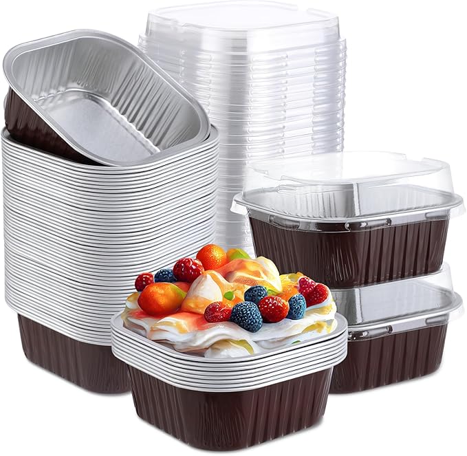 Aoriher 150 Pieces 10 oz Mini Cake Pans with Lids Aluminum Foil Baking Cups Square Disposable 4" x 4" Large Cupcake Cups Baking Tins for Kitchen Brownie Pudding Desserts Holders(Brown)