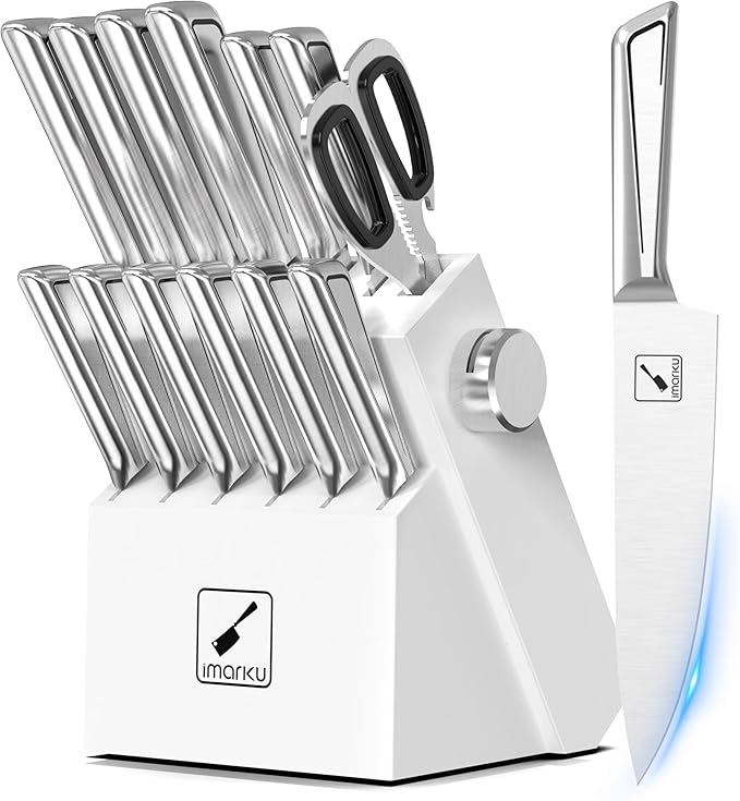 imarku Knife Set G14 - Stainless Steel Kitchen Knives with Block, Built-in Sharpener, Dishwasher Safe, Rust Resistant, Non-Slip Ergonomic Handle - 14pcs Ultimate Gift for Home Cooks & Chefs, White