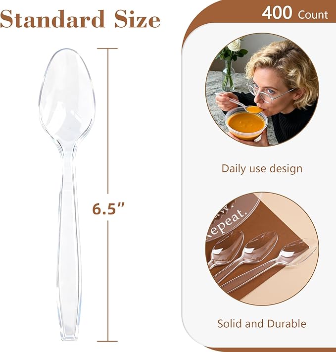 400 Count Heavy Duty Clear Plastic Spoons, Solid and Durable Disposable Spoons, BPA-Free and Heat Resistant, Premium Disposable Spoon for Party and Daily Use