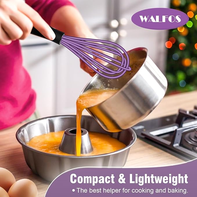 Walfos Whisk,5+7Inch Mini Whisks,Silicone Whisk Non Scratch whisk,Heat Resistant(480°F) Small whisks Suitable for stirring individual eggs and mixing small amounts of powder and sauce. Purple & Green