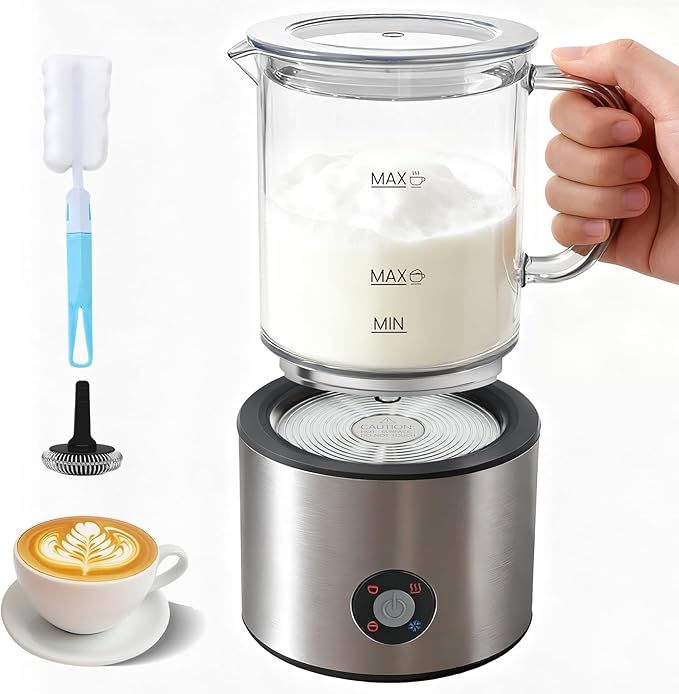 Detachable Milk Frother, 4 in 1 Milk Frother and Steamer Dishwasher Safe, Glass Frother 16.9oz Hot and Cold Foam Maker, Electric Milk Frother for Coffee, Latte, Hot Chocolate (Brushed)