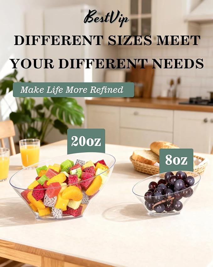 BESTVIP 12 Pack 20oz Angled Disposable Serving Bowls - Clear Plastic Serving Bowls for Party, Party for Chips, Snacks, Fruit, Salad - Bowls for Parties, Daily Use, Catering,Halloween, Christmas
