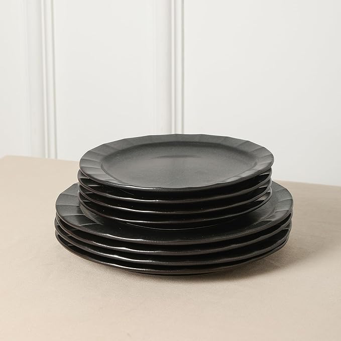 Stone Lain Oasis 12-Piece Dinnerware Set Stoneware, Dishwasher and Microwave Safe Plates and Bowls Set, Dish Set for 4, Black