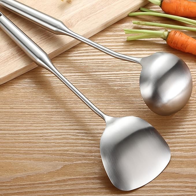 304 Stainless Steel Cooking Utensils Set 4 Piece 15 Inch Large Size Metal Kitchen Utensils Set Including Spatula,Ladle,Serving Spoon,Meat Fork,Stainless Steel Cooking Tools
