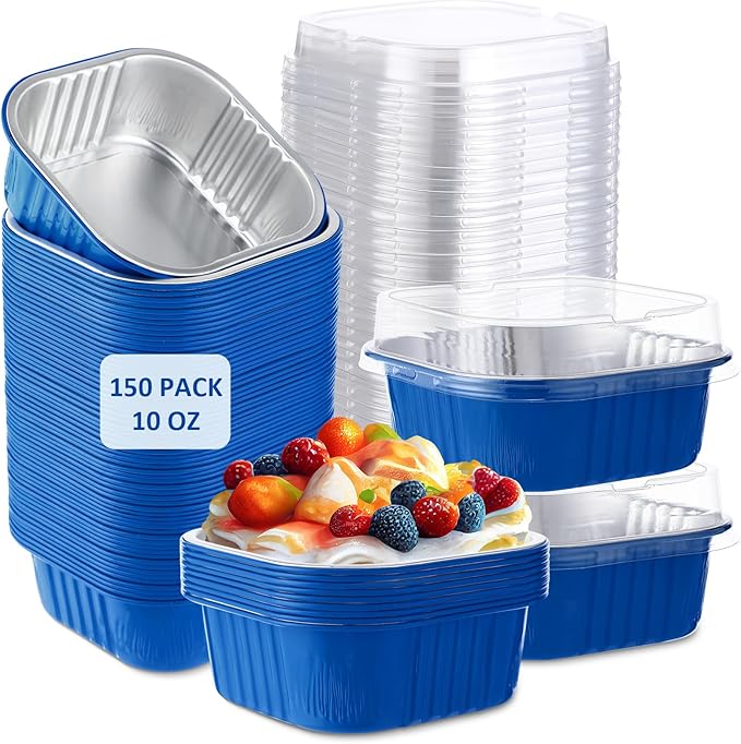 Aoriher 150 Pieces 10 oz Mini Cake Pans with Lids Aluminum Foil Baking Cups Square Disposable 4" x 4" Large Cupcake Cups Baking Tins for Kitchen Brownie Pudding Desserts Holders(Blue)