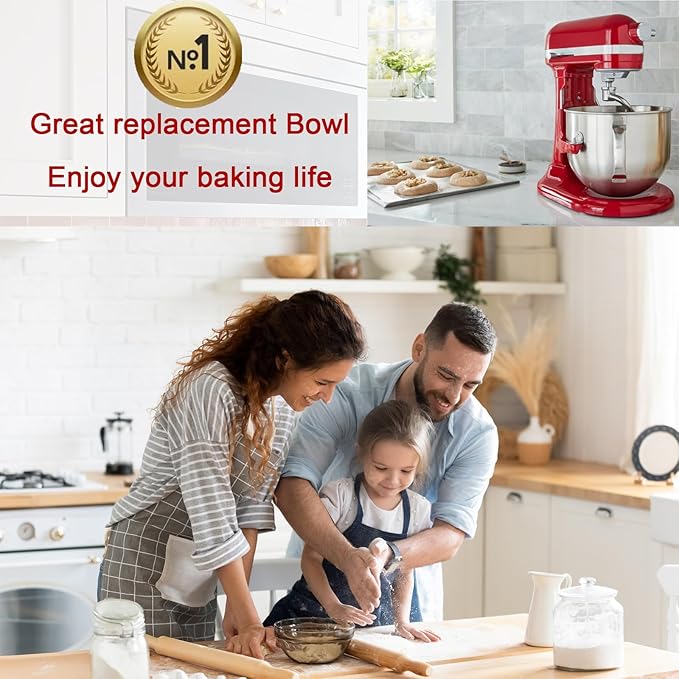 6QT Stainless Steel Mixer Bowl with Handle Compatible with KitchenAid Bowl Lift Stand Mixers KD2661, KL26M, KP26M1, KP26M8, KP26N9, KV25G, KV25M. Replacment for KitchenAid 6 Quart Mixing Bowl KN2B6PEH