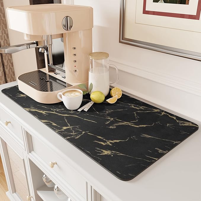 AMOAMI Coffee Mat - Hide Stain Rubber Backed Absorbent Dish Drying Mat for Kitchen Counter - Black & Gold