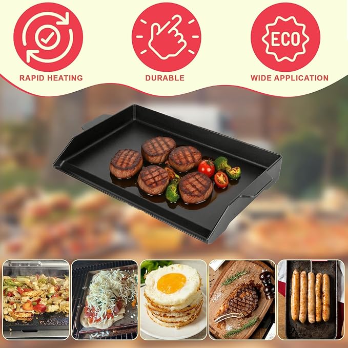 Universal Flat Top Griddle for Gas Grill, Gas Stove,Grill Flat Insert for Outdoor Grills, Stove-Top Griddles for 4 Burner Range Oven, 18.6" × 14" Large Nonstick Cast Iron Cooking Griddle