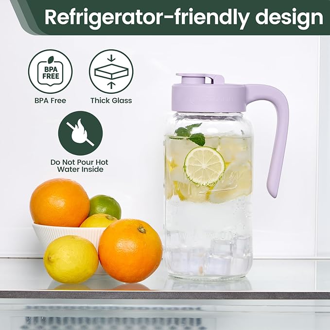 Mason Jar Pitcher - Airtight & Leakproof Glass Pitcher with Lid, Perfect for Breastmilk, Cold Brew, and Sun Tea, 2 Quart (64 oz) Mason Jar with Pour Spout Lid