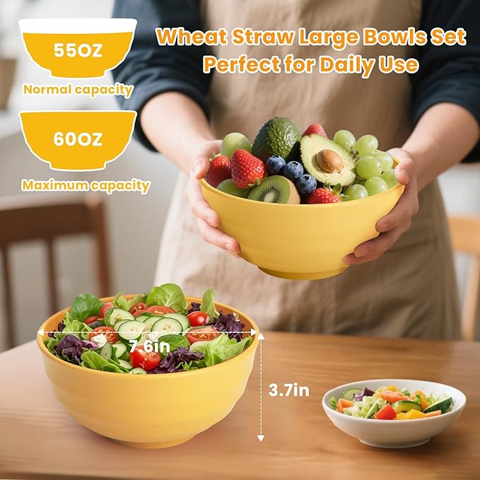 Homienly Sunshine Yellow Bowl Set of 8, 60 Oz Large Wheat Straw Bowls, Unbreakable Big Salad & Soup Bowls, Microwave Safe for Easter, Picnic, Kids Party & Family Meals
