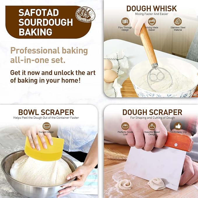 Banneton Bread Proofing Basket, Sourdough Starter Kit with 9" Round & 10" Oval Bread Proofing Basket, Bread Lame, Brushs, Spatula, Scraper, Dough Whisk, Flour Duster & Stencils
