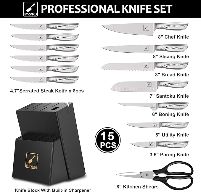 imarku® Kitchen Knife Set, 15 Pcs Japanese Knife Set with Block, Premium Razor-Sharp Chef Knives Set for Kitchen with Sharpener, Rust-Proof, Ergonomic Full-Tang Handle, Black