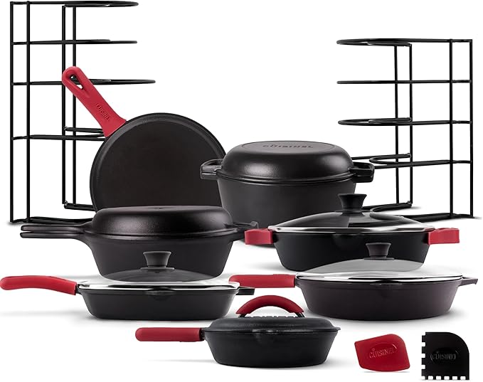Cuisinel Cast Iron 23-Pc Cookware Set - 8" Skillet + Cast Iron Lid + 12"+Lid + 10" Braiser with Lid + Grill Pan + Lid + Griddle + 5-Qt Dutch Oven + Multi-Cooker + 12"+15" Pan Rack + Scraper + Handles