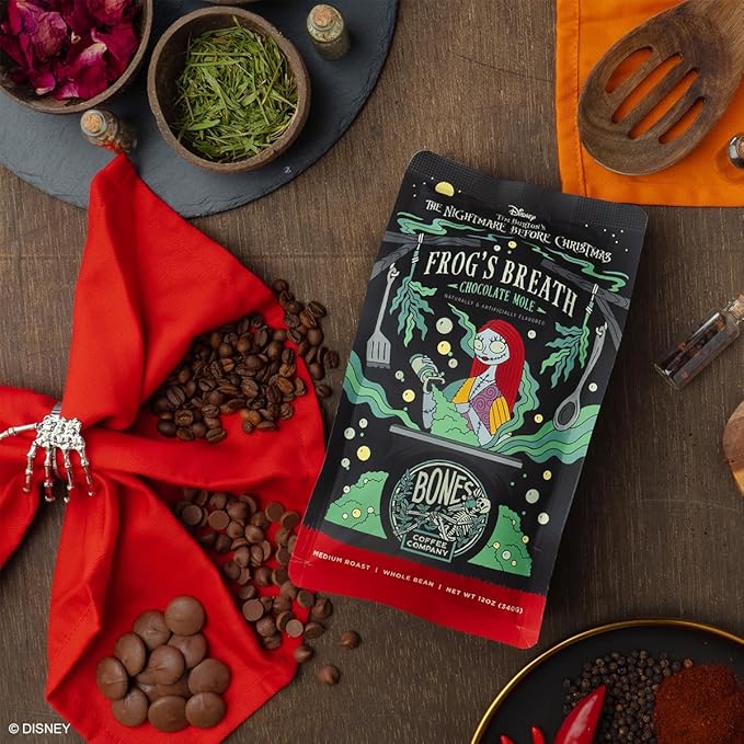 Bones Coffee Company The Nightmare Before Christmas Frog's Breath Flavored Coffee Beans, Medium Roast Ground Coffee Low Acid, Chocolate Mole Flavor (12 oz)