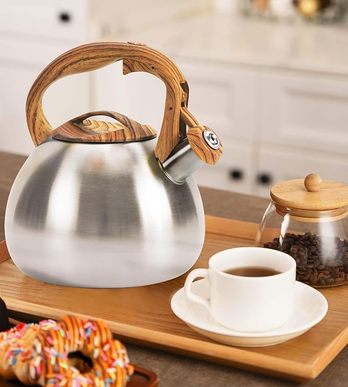 Classic Stainless Steel Whistling Kettle 3.2 Quart - Brushed Metal Finish with Wooden Handle, Stovetop Water Boiler for Home & Kitchen, Loud Alert Whistle & Drip-Free Spout (Silver)