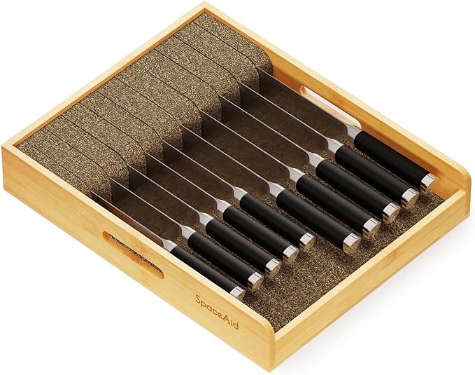 SpaceAid Large Knife Drawer Organizer Bamboo Insert Dock, Kitchen Steak Knives Holder Organizers Block for Drawer in Storage Organization (Large)