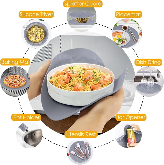 4 Pack 12 Inch Multi-Purpose Silicone Mat, As Drying Mat, Microwave Mat, Trivet, Pot Holder, Placemat, Utensils Rest, Pad for Hot Pans Plates Dishes Kitchen Countertop, Heat Resistant Mat, Light Gray