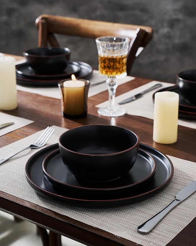 Famiware Mercury Plates and Bowls Sets, 12 Pieces Stoneware Dinnerware Sets, Dishes Set for 4, Microwave and Dishwasher Safe, Black