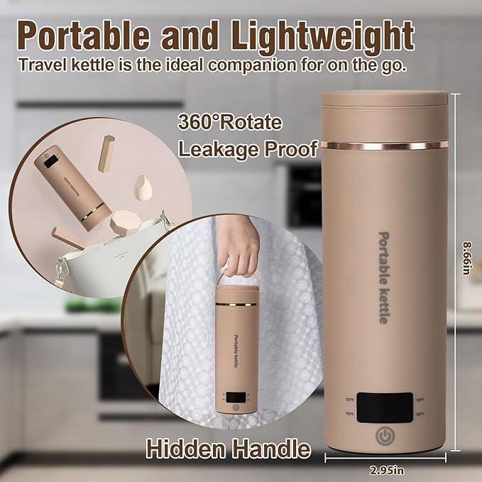 Travel Electric Kettle Portable Mini Kettle,Small Hot Water Boiler with 4 Temperature Settings,304 Stainless Steel, Fast Boiling Water with Auto Shut-Off and Boil Dry Protection,400 ml (Brown, 400ML)
