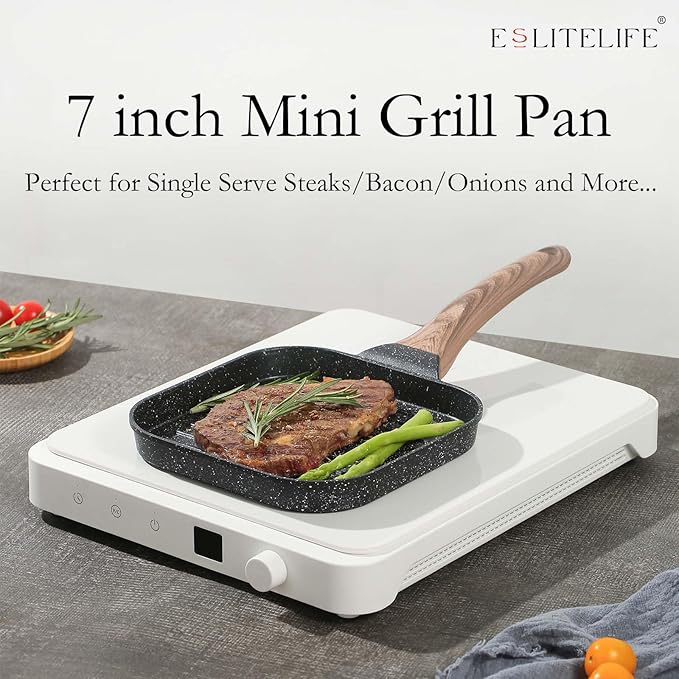 ESLITE LIFE 7 Inch Nonstick Small Grill Pan for Indoor Cooking, Versatile Induction Square Grilling Skillet Steak Pan for Stove Tops, PTFE & PFOA Free, Black