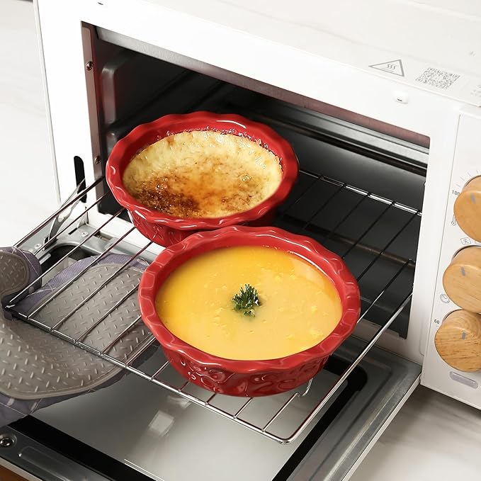 Vicrays Ceramic Pie Pan for Baking - 5.5 inch Small Pie Plates Deep Dish Round Pot Casserole Mini Serving Bowl - Microwave Oven Safe for Dessert Apple Pie Cake Tart Pizza Set of 6 - Red