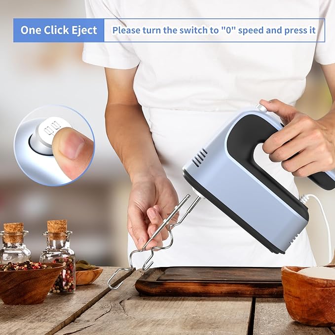 9-Speed Digital Hand Mixer Electric, 400W Powerful DC Motor, Baking Mixer Handheld with Snap-On Storage Case, 5 Stainless Steel Accessories, Flat Beaters, Dough Hooks, Whisk (Ocean Blue)