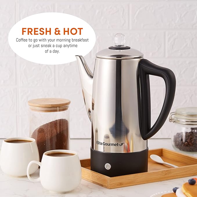 Elite Gourmet EC812 Electric 12-Cup Coffee Percolator with Keep Warm, Clear Brew Progress Knob Cool-Touch Handle Cord-less Serve, Stainless Steel