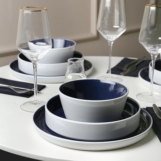 Stone Lain Elica 12-Piece Modern Dinnerware Set Stoneware, Plates and Bowl Sets for 4, Navy and White