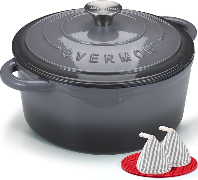 Overmont Enameled Cast Iron Dutch Oven - 4.5QT Pot with Lid Cookbook & Cotton Potholders - Heavy-Duty Cookware for Braising, Stews, Roasting, Bread Baking grey