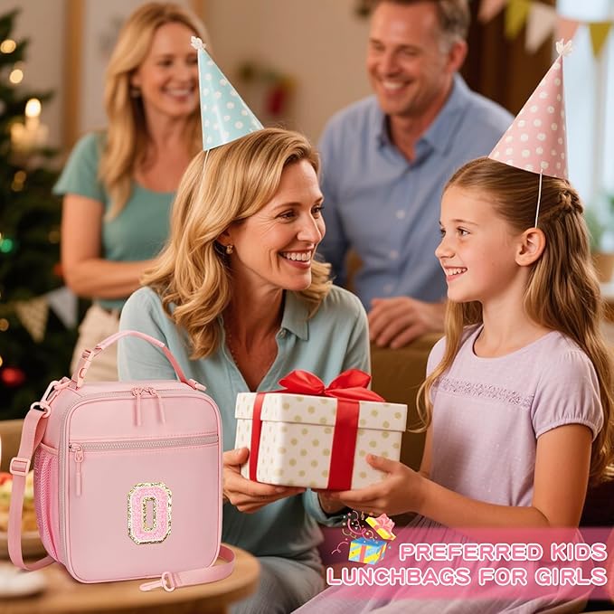 Initial Insulated Lunch Bag for Girls Kids, Back to School Gift, Reusable Leak-proof Lunch Box with Adjustable Strap for School Daycare Travel Picnic (Pink,O)