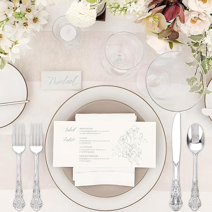 200PCS Silver Plastic Cutlery - Vintage Silver Disposable Silverware - Heavyweight Plastic Utensils with 100 Forks, 50 Knives, 50 Spoons For Catering, Parties, Dinners and Weddings