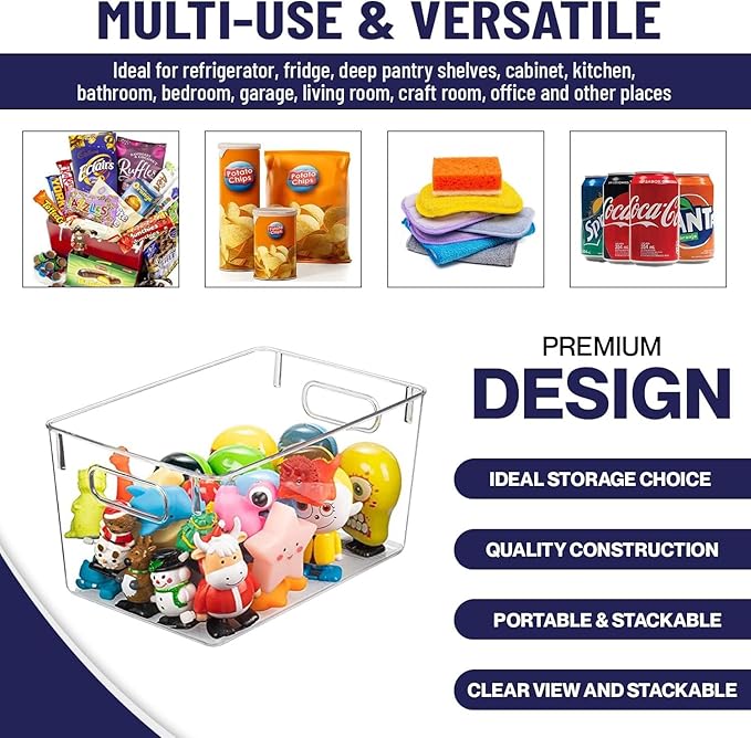 Clear Plastic Storage Bins, Pantry Organizers and Storage Containers Fridge Organizer Bins for Organizing Kitchen Cabinet Organizer Bin Bathroom Freezer Refrigerator Organization