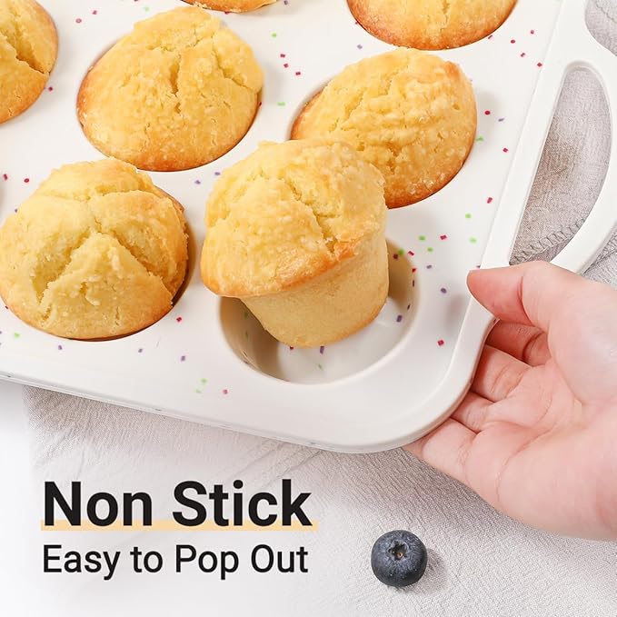 Silicone Muffin Pans for Baking, Metal Reinforced Frame 12 Cups Regular Size Silicone Cupcake Pan Nonstick Muffin Tin for Baking Muffin, Cupcake, Frittatas,BPA Free, Dishwasher Safe