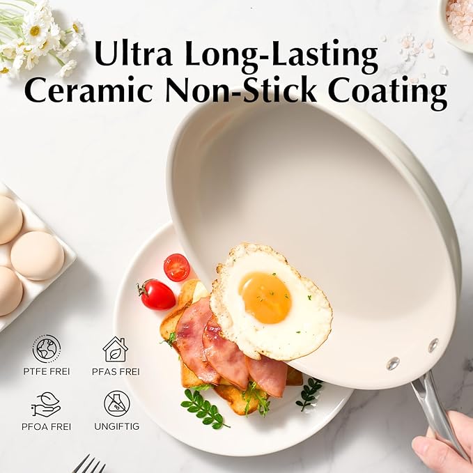 Redchef Nonstick Frying Pans Set, Ceramic Pan Skillet, Non Toxic Pans for Cooking, 8" 9.5" 11" Ceramic Frying Pan Set PFAS & PTFE & PFOA Free with Stay Cool Handle, Dishwasher & Oven Safe, Beige White