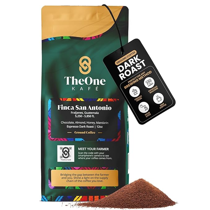 TheOne Kafé Guatemala Dark Roast Ground Coffee – Organic, Single Origin, Premium Specialty Coffee, Ethically Sourced, Smooth & Rich Flavor – Fresh Roasted for Espresso, Drip, Pour Over – 12 oz