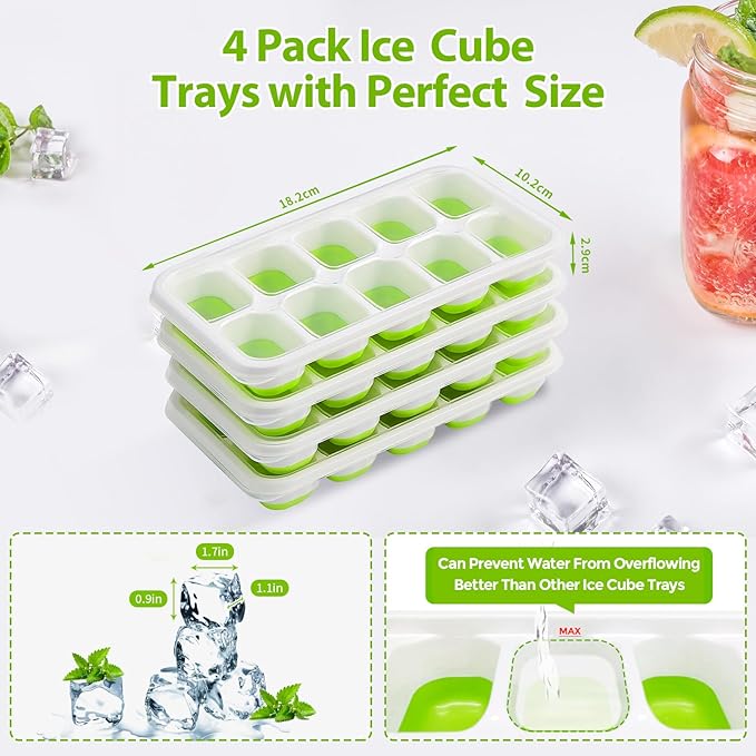 DOQAUS Ice Cube Trays 4 Pack, 40 pcs Silicone Ice Cubes Tray Maker with Spill-Resistant Removable Lid, Easy Release & Pop out, LFGB and BPA Free, Stackable Flexible, for Soup, Food, Cocktail, Coffee