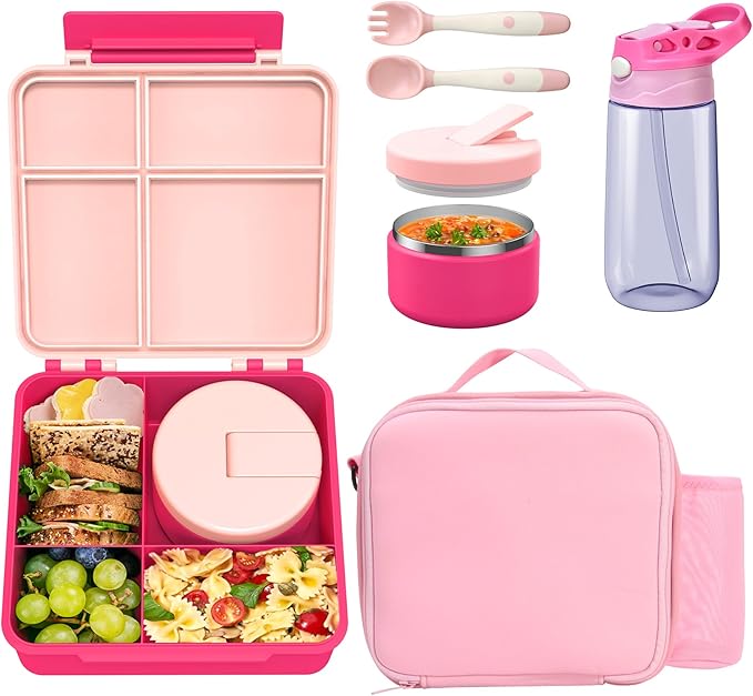 Kids Bento Lunch Box with 4 Compartments, Insulated lunch Bag, Water Bottle, Stainless Steel Food Jar, Birthday Gifts for Ages 3-12 Back to School Toddler Girls Boys