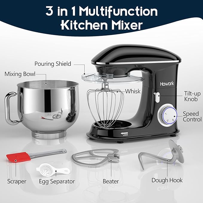 HOWORK 8.5QT Stand Mixer, 660W 6+P Speed Tilt-Head, Electric Kitchen Mixer With Dishwasher-Safe Dough Hook, Beater, Wire Whip & Pouring Shield (8.5 QT, Black)