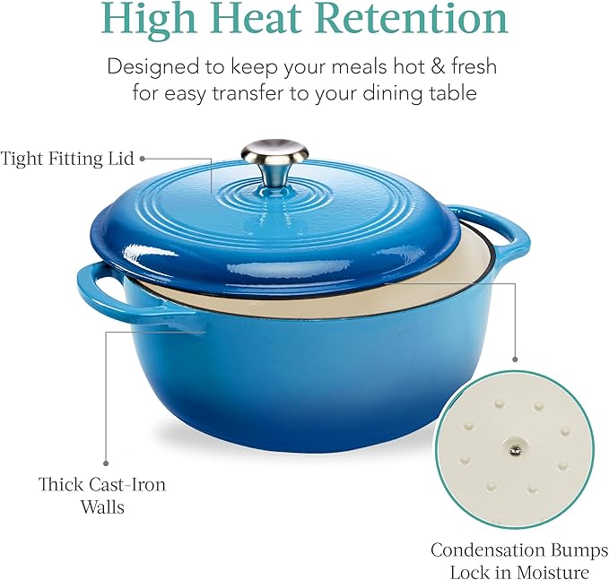 Best Choice Products 7.5 Quart Enamel Cast-Iron Round Dutch Oven, Family Style Heavy-Duty Pre-Seasoned Cookware for Home, Kitchen, Dining Room, Oven Safe w/Lid, Dual Handles - Blue