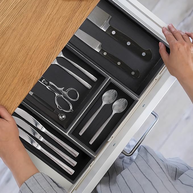 Bamboo Drawer Organizer - Kitchen Utensil Organizer Silverware Tray Cutlery Holder，Office Desk Supplies and Accessories,8.9 * 5.9 * 2.6inch,Black