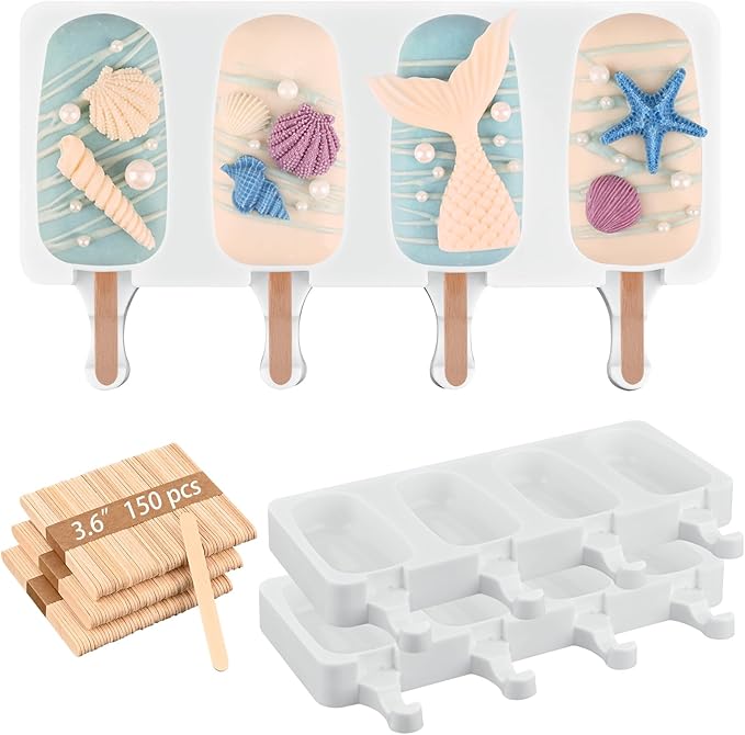 Sakolla Large Silicone Popsicle Molds Set of 3, Oval 4 Cavities Homemade Ice Pop Molds with 150 Wooden Sticks for Ice Cream, Cakesicles, Cake Pop (White)