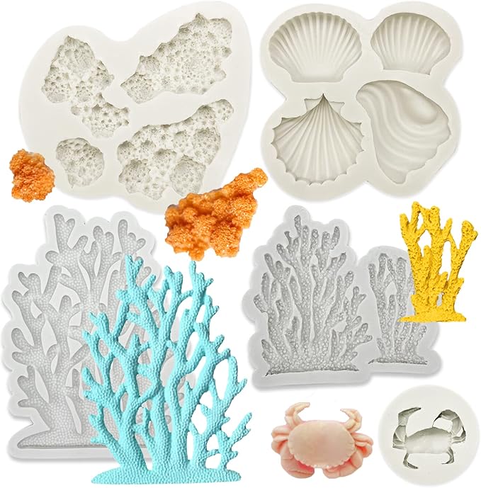 5 PCS Marine Theme Fondant Silicone Mold Seaweed Coral shell crab Shape DIY Handmade Baking Tools, For Theme Cake Cookie Chocolate Candy Decoration Fondant Polymer Clay