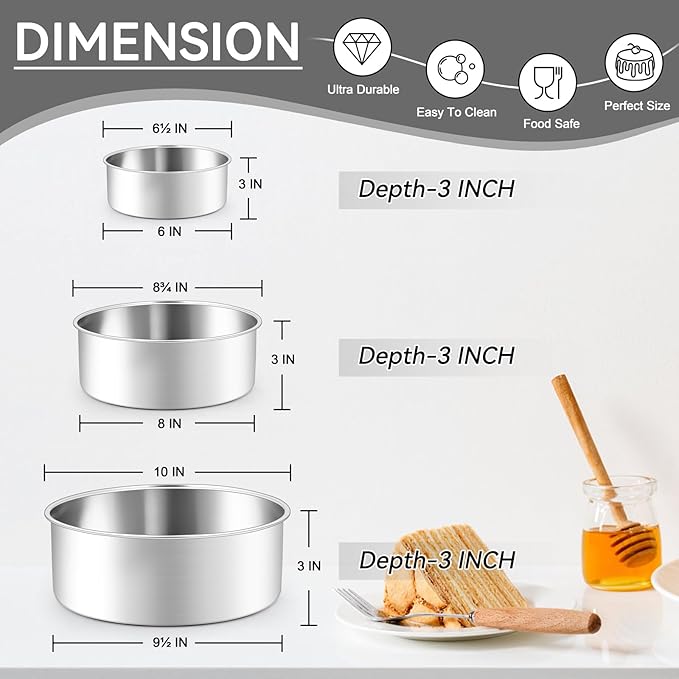 Leonyo Tall Round Cake Pans, 6’’- 8’’- 9½’’ Cake Pan Set for 3, Stainless Steel Round Layer Baking Tier Cake Pans Set, 3-Tiered Cake Tins for Birthday Wedding, Non Toxic & Healthy, Dishwasher Safe
