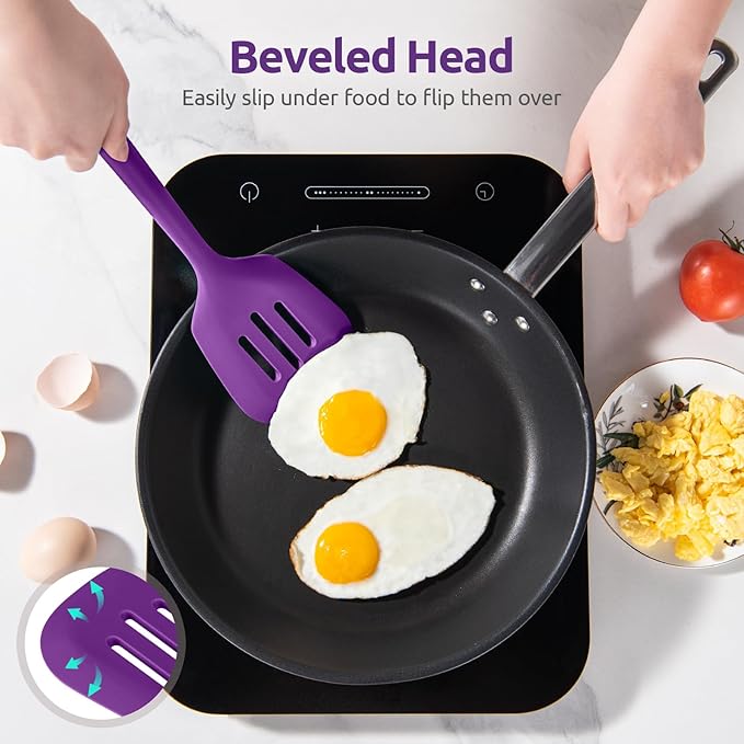 600ºF Heat Resistant Silicone Turners: U-Taste 13.6in Long Solid & Slotted Kitchen Spatula Flipper, Large Flexible Cooking Utensil for Flipping Egg, Pancake in Nonstick Cookware(Purple, 2PCS)