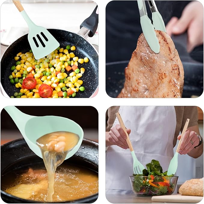 Kitchen Utensils Set, 5 Pcs Non-Stick Silicone Kitchen Cooking Utensils with Wooden Handle, Kitchen Spatula Cookware Utensils Set, Heat Resistant Silicone Kitchen Gadgets (Light Green)