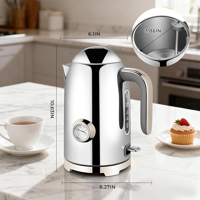 SUSTEAS Electric Kettle - 57oz Hot Tea Water Boiler with Thermometer, 1500W Fast Heating Stainless Steel Pot, Cordless LED Indicator, Auto Shut-Off & Boil Dry Protection, Silver